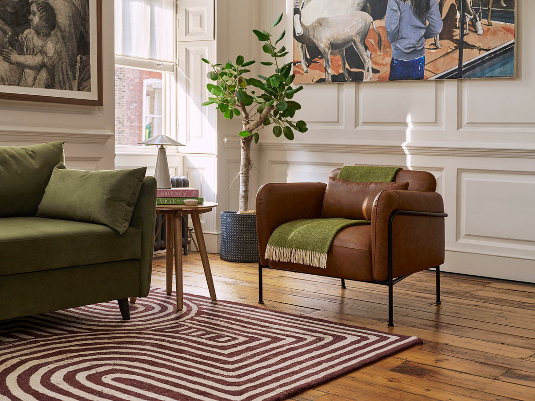 Tan leather chair in a living room