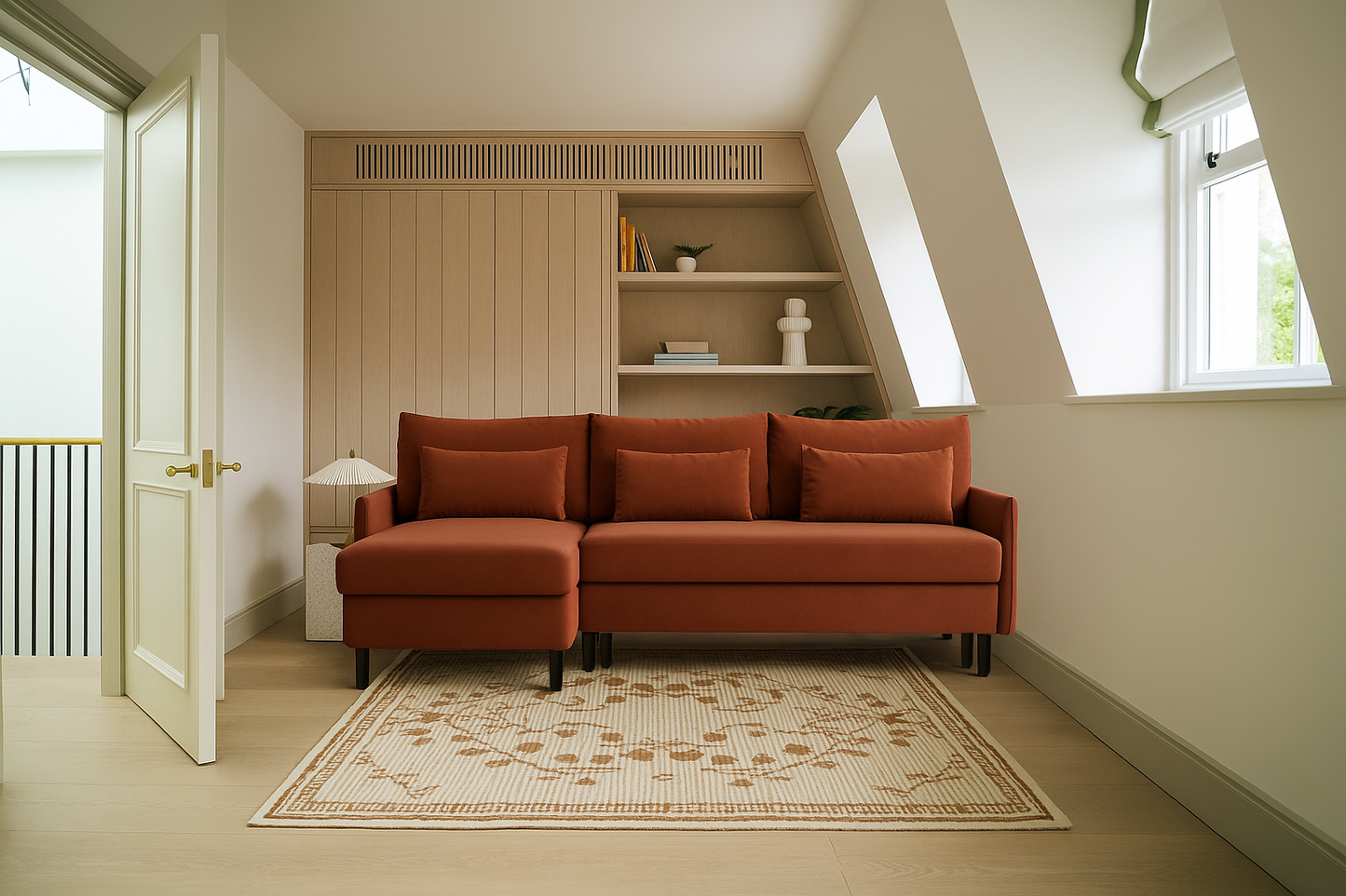 Model 12 Sofa Bed with Storage 3 Seater Left Chaise, Brick