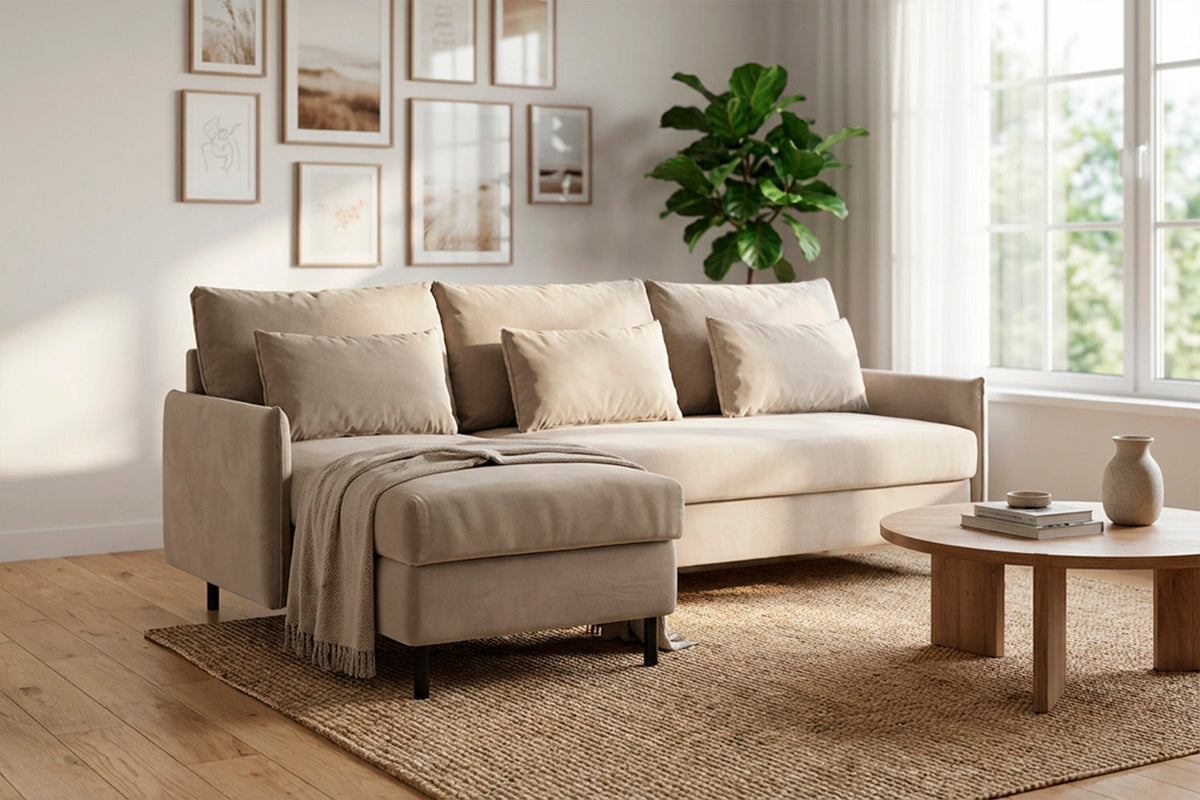 3-Seater Left Chaise Sofa Bed with Storage in cream velvet