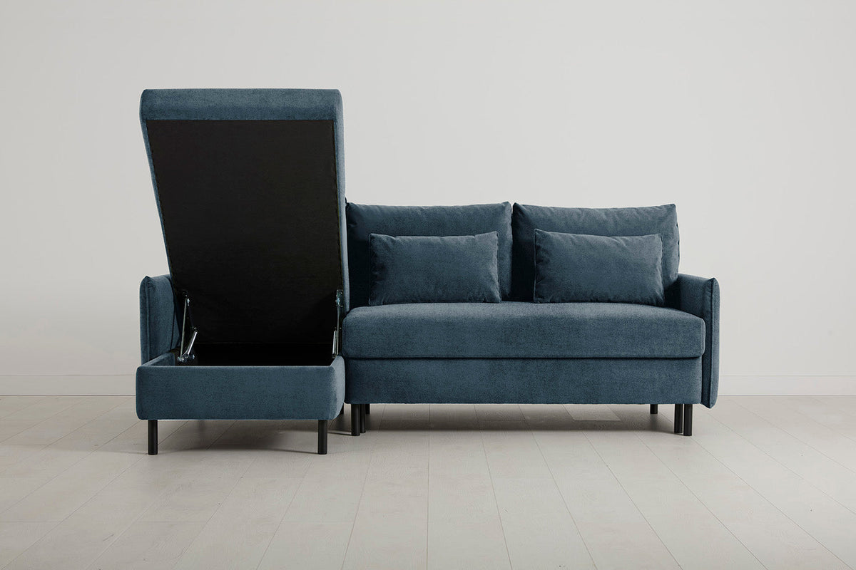 3-Seater Left Chaise Sofa Bed with Storage in blue chenille