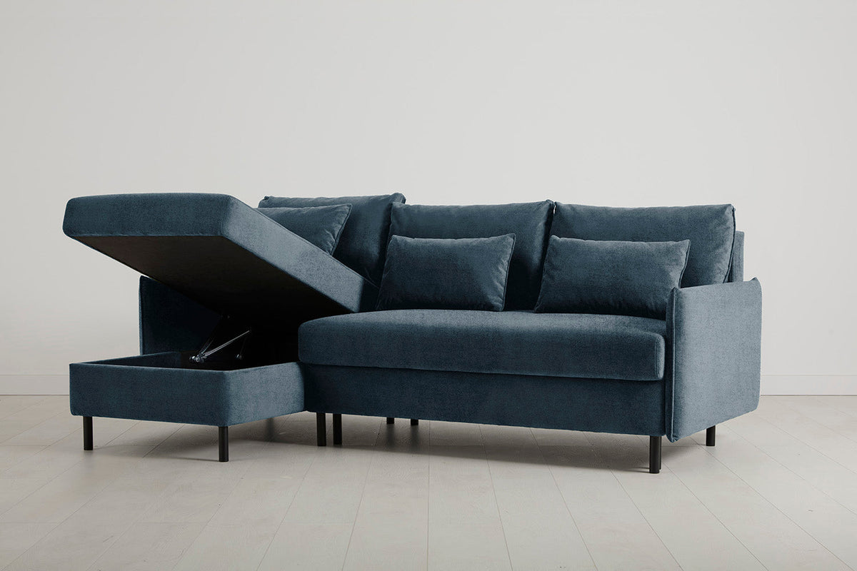 3-Seater Left Chaise Sofa Bed with Storage in blue chenille
