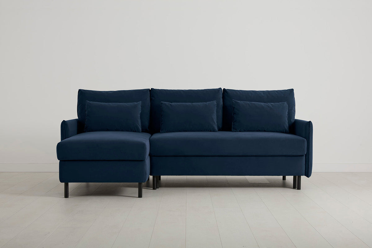 3-Seater Left Chaise Sofa Bed with Storage in blue velvet