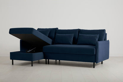3-Seater Left Chaise Sofa Bed with Storage in blue velvet