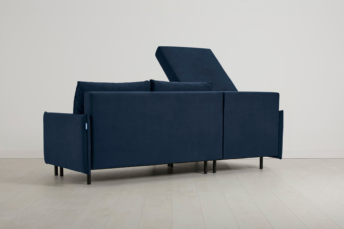 3-Seater Left Chaise Sofa Bed with Storage in blue velvet