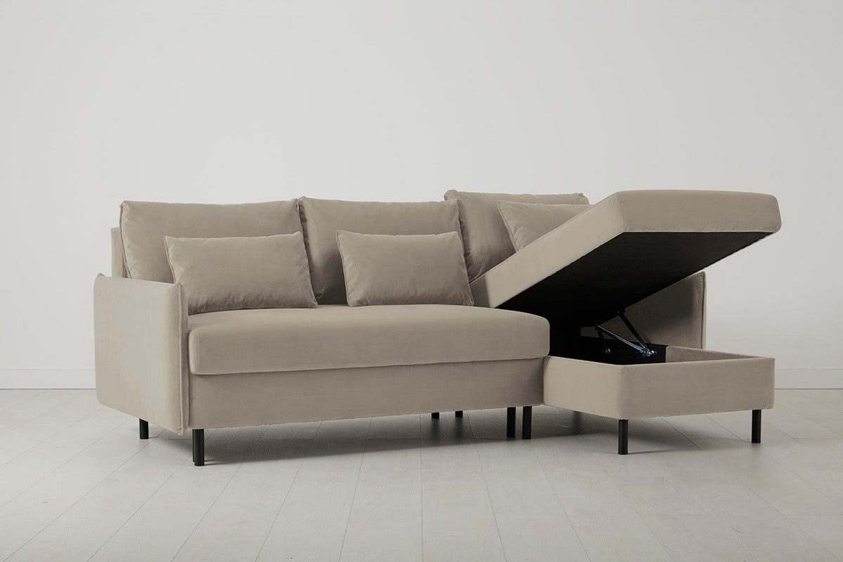 3-Seater Right Chaise Sofa Bed with Storage in cream velvet
