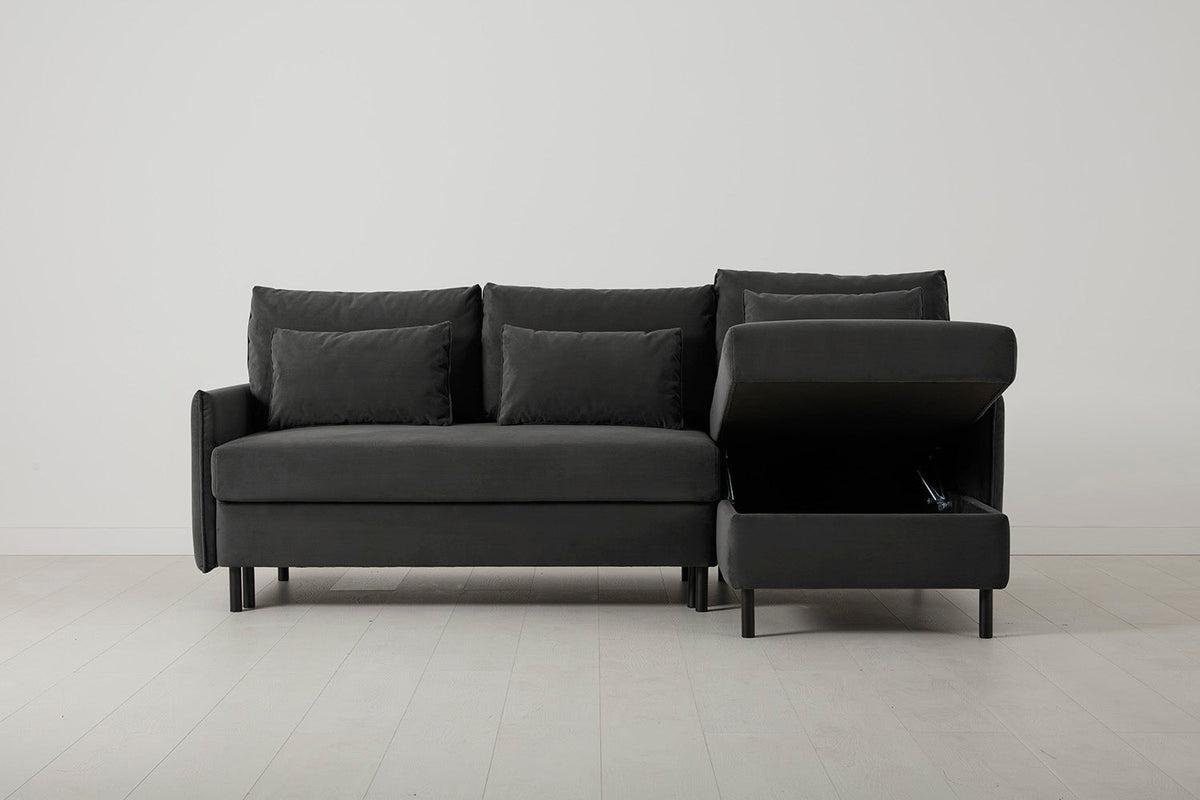 3-Seater Right Chaise Sofa Bed with Storage in grey velvet