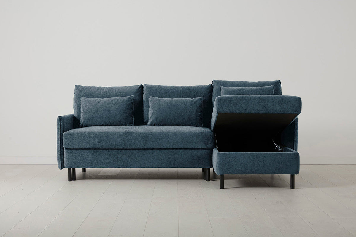 3-Seater Right Chaise Sofa Bed with Storage in blue chenille