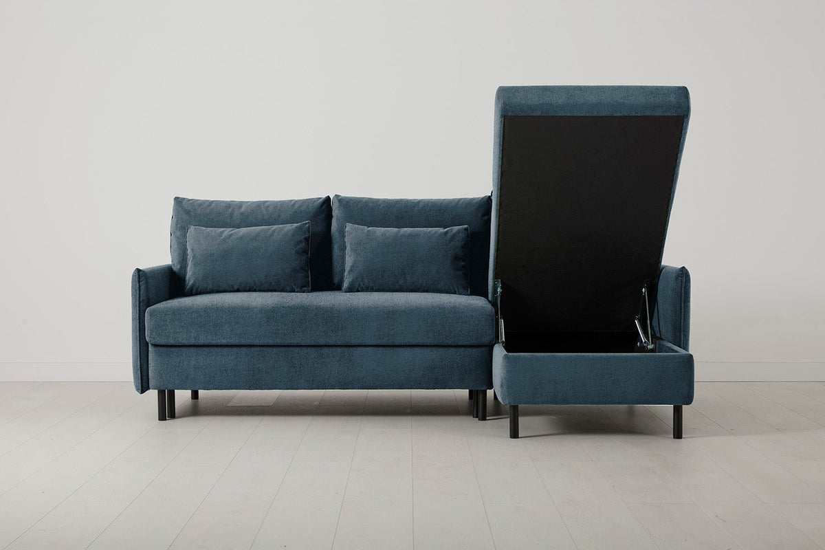 3-Seater Right Chaise Sofa Bed with Storage in blue chenille