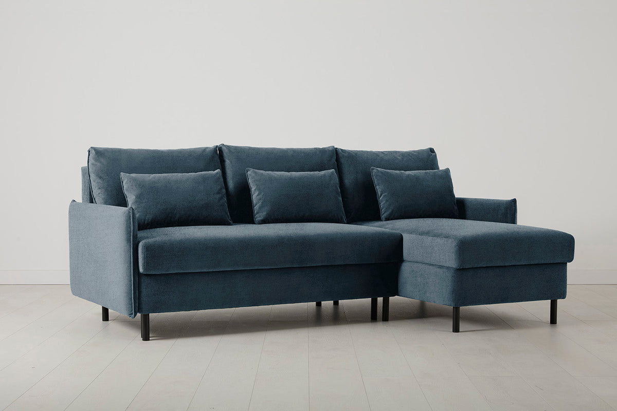 3-Seater Right Chaise Sofa Bed with Storage in blue chenille