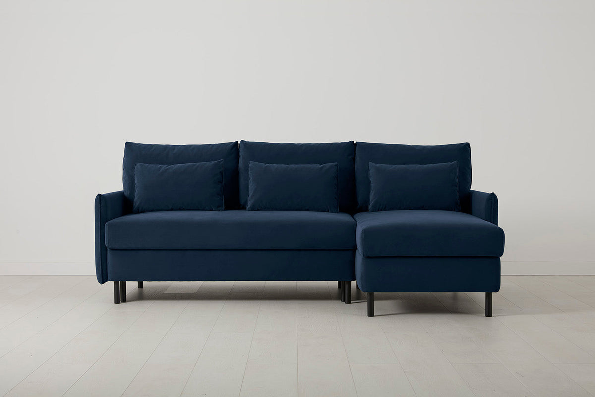 3-Seater Right Chaise Sofa Bed with Storage in blue velvet