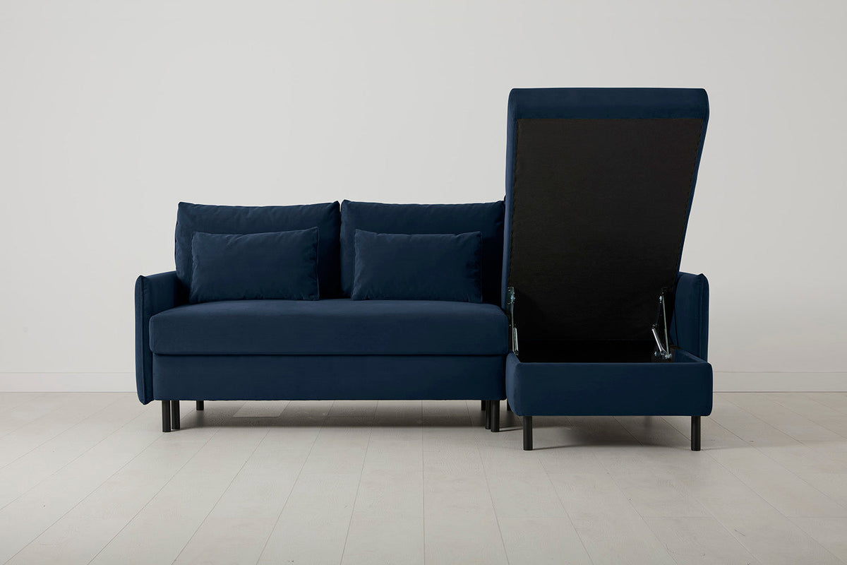 3-Seater Right Chaise Sofa Bed with Storage in blue velvet
